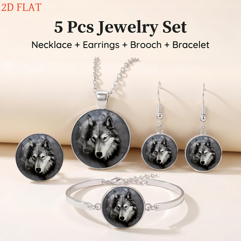 5pc Wolf-Themed Women's Jewelry Set, Necklace & Earrings